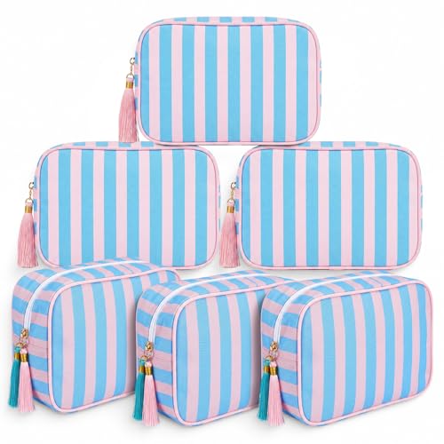 Kacctyen 6 Pack Peony Pink and Slate Blue Striped Makeup Bag bulk with Tassel Travel Cosmetic Pouch Organizer Large Zipper Toiletry Case for Women Aesthetic Storage Pouch Mahjong Tile Bag - color: Peony Pink and Slate Blue