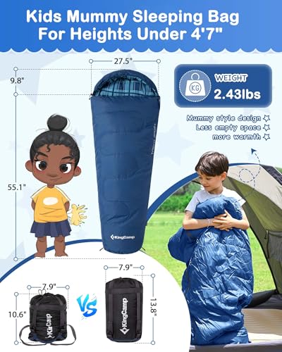 KingCamp 45°F Kids Sleeping Bag, Lightweight Waterproof & Compact Flannel Sleeping Bags Cold Weather & Warm Youth Essentials Gear Accessories for Camping, Fits 10-12 Children up to 4'7"-5'5" Tall - color: Mummy 8.6°F ~42.8°F Navy