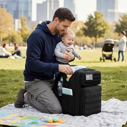LORADI Large Dad Diaper Bag Backpack, Tactical Style, Black | Stroller Clips, Luggage Sleeve for Travel, Insulated Pockets - color: Black