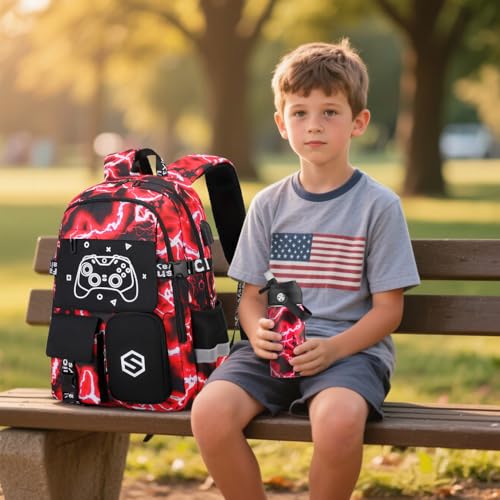 Scothen Boys Backpack, Cool Luminous Gamer School Backpacks for Boys with 14oz Insulated Water Bottle Lunch Bag Pencil Case, Kids Backpack Book Bags for Kindergarten Elementary Middle School - color: Red Lightning