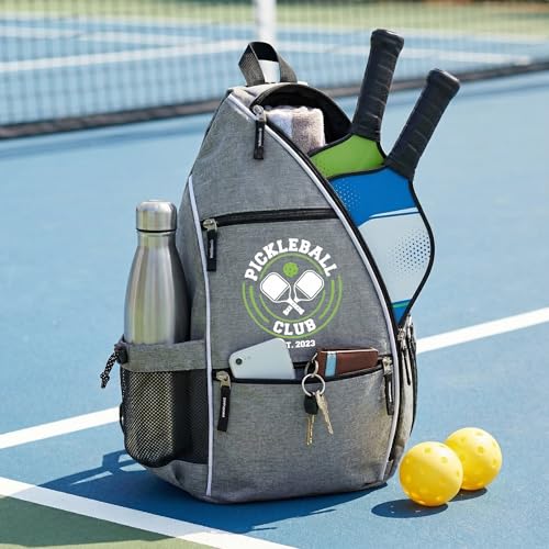 Personalized Pickleball Bag - Custom Paddle Backpack with Name or Logo, Crossbody Reversible Sling for Men & Women with Fence Hook and Water Bottle Holder - color: Gray