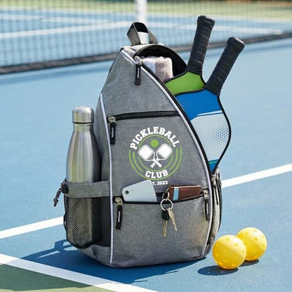Personalized Pickleball Bag - Custom Paddle Backpack with Name or Logo, Crossbody Reversible Sling for Men & Women with Fence Hook and Water Bottle Holder - color: Gray