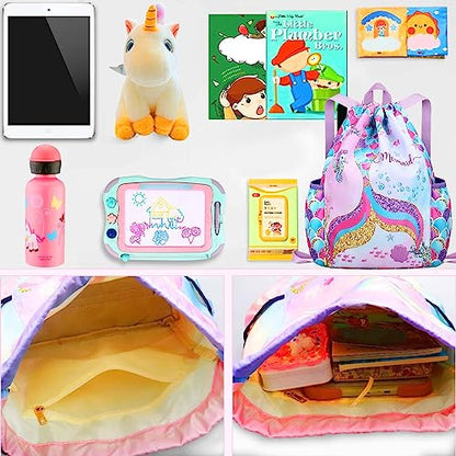 RHCPFOVR Drawstring Backpack for Kids - Mermaid Bags for Girls Gym Dance Beach Swim Travel Bag With Two Water Bottle Holder - color: Mermaid