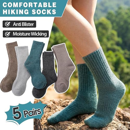 MOGGEI 5 Pairs Womens Merino Wool Socks Hiking Warm Winter Thick Thermal Crew Cozy Cabin Ladies Gift Comfy Boot Work Socks - color: Khaki/Green/Gray/Coffee