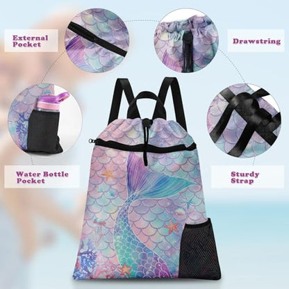 Mermaid Tail Drawstring Backpack, 15” x 17” Waterproof Swim Bag for Beach Swimming Pool, Lightweight Foldable Gym Bag with Water Bottle Holder for Sports Travel - color: Mermaid