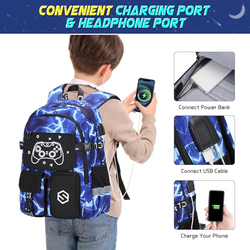 Scothen Boys Backpack, Cool Luminous School Backpacks for Boys with Lunch Bag Pencil Case, Kids Backpack Kindergarten Elementary Middle School Book Bags for Teen Boy Children with USB Charging Port - color: Lightning-blue