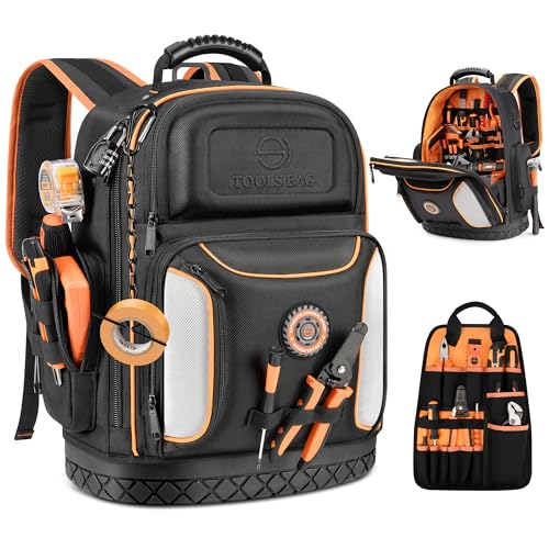 LOKASS 18.1 Inch Tool Backpack, 75 Pockets & Loops Heavy-Duty 1680D Molded Base Tool Bag with Combination Lock for Electrician, HVAC, Construction Workers, Black - color: Black