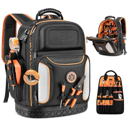 LOKASS 18.1 Inch Tool Backpack, 75 Pockets & Loops Heavy-Duty 1680D Molded Base Tool Bag with Combination Lock for Electrician, HVAC, Construction Workers, Black - color: Black
