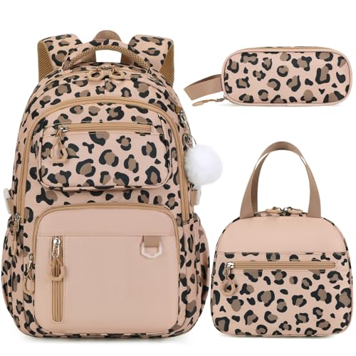 Bevalsa Backpack for Girls 3PCS Teen Girls Backpack for School with Lunch Bag Pencil Case Brown Cute Kids Laptop Backpacks Bookbag for Elementary Middle High School College Student (Leopard) - color: Brown Leopard
