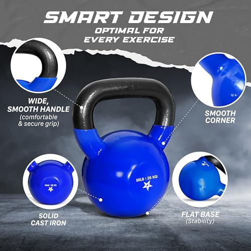 Yes4All Kettlebell, 5-100 LB Vinyl Coated Cast Iron Strength Training Kettlebells for Home Gym Exercises, Fitness, Full Body Workout Equipment, Push Ups, and Grip Strength - color: L. 55LB - Dark Blue, style: Vinyl Coated