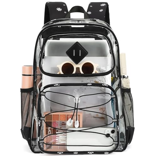 Clear Backpacks for Girls Women, Heavy Duty PVC Transparent Back Pack See Through Boys Kids Clear Bookbags for School Daisy Black - color: Daisy Black