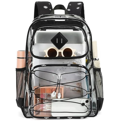 Clear Backpacks for Girls Women, Heavy Duty PVC Transparent Back Pack See Through Boys Kids Clear Bookbags for School Daisy Black - color: Daisy Black