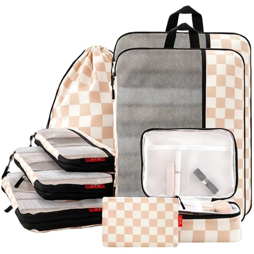 U+U 8 Set Compression Packing Cubes - Ultralight Travel Organizers with Laundry Bag and Cosmetic Bag, Space-Saving Suitcase Organizer for Travel, Business Trip and Family Vacation (Khaki Checkered) - color: Khaki Checkered, size: 8 Set
