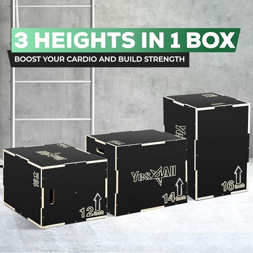 Yes4All 3 in 1 Non-Slip Wooden Plyo Box, Step Up Box for Workout, Plyometric Jump Box for Skipping, Jumping, Lunges, Squats, Dips - style: 16" x 14" x 12"