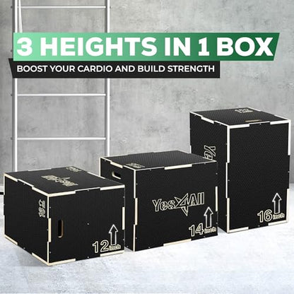 Yes4All 3 in 1 Non-Slip Wooden Plyo Box, Step Up Box for Workout, Plyometric Jump Box for Skipping, Jumping, Lunges, Squats, Dips - style: 16" x 14" x 12"