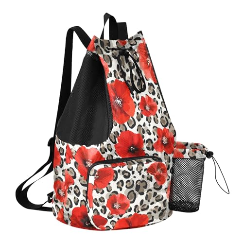 Bolaz Beach Drawstring Backpack Mesh Swim Bag for Women Red Poppy Leopard Cheetah Swimming Gym with Wet Pocket Packable Sports - color: Red Poppy Leopard Cheetah