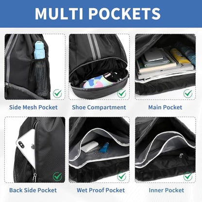 Drawstring Backpack Gym Bag with Shoe Compartment - Ideal for Basketball, Swimming, Beach Activities, Unisex - color: Black