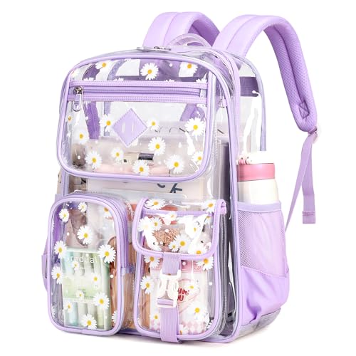 PIG PIG GIRL Clear Backpack for School,Heavy Duty PVC Transparent Bookbag for Girls Stadium Approved See Through Backpack - color: Purple Daisy