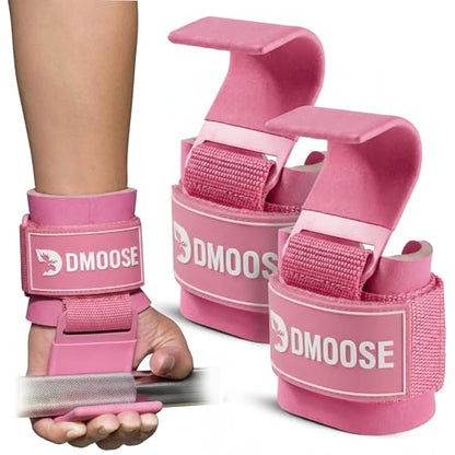 DMoose Fitness Weight Lifting Hooks (Pair) for Deadlifts, Pull Ups, Rows & Shrugs - Anti-Rip Nylon Strap Hand Grips with Thick Wrist Padding - Heavy Duty Wrist Straps for Weightlifting & Gym Workouts - color: All Pink