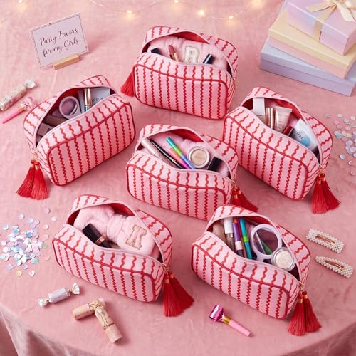 Kacctyen 6 Pack Raspberry Red and Light Pink Striped Makeup Bag bulk with Tassel Travel Cosmetic Pouch Organizer Large Zipper Toiletry Case for Women Aesthetic Storage Pouch Mahjong Tile Bag - color: Raspberry Red and Light Pink