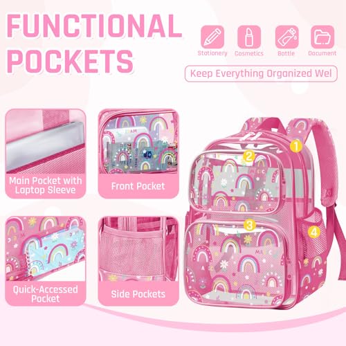 Clear Backpack for Boys and Girls,Kids Clear Backpacks for School,Heavy Duty Transparent Bookbag Stadium Approved - color: Pink-rainbow-backpack Only