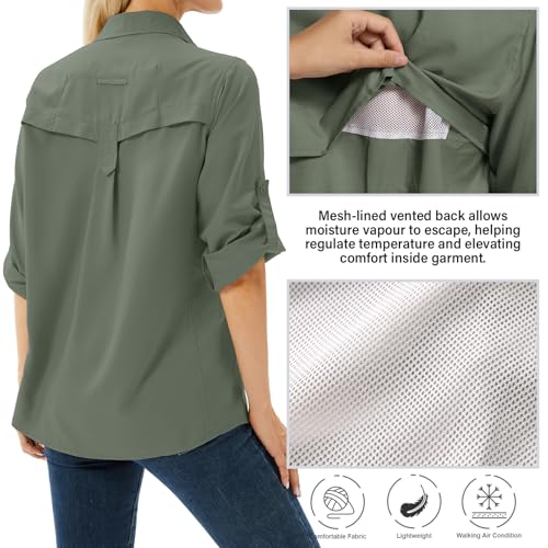 Women's UPF 50 Long Sleeve Sun Protection Safari Fish Hiking Shirts - color: Mountain Green, size: Small