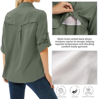 Women's UPF 50 Long Sleeve Sun Protection Safari Fish Hiking Shirts - color: Mountain Green, size: Small