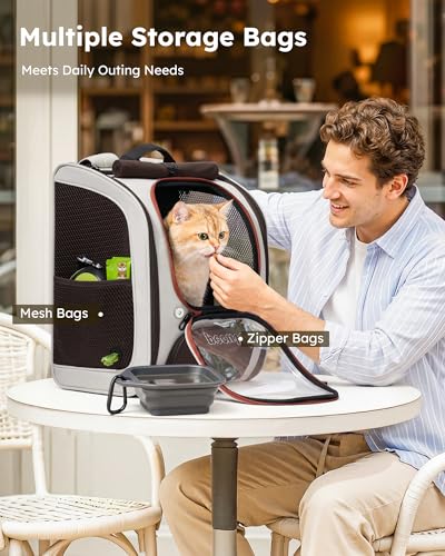 Pecute Dog Backpack Carrier,Large Space Dog Bubble Backpack,Ergonomic,Khaki | Color Blocking,Sunshade curtain,Folding bowl,Transparent window,Sturdy,Large mesh on both sides for breathability - color: Khaki-on-Khaki Color Blocking