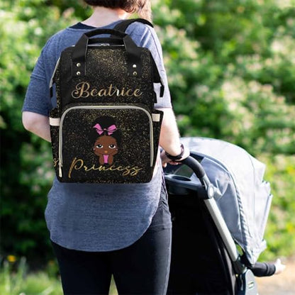 Custom Black Diaper Bag Backpack with Golden Glitter Personalized African Princess Nappy Bag Casual Travel Daypack Customized Newborn Gift for Women - color: 230112-7