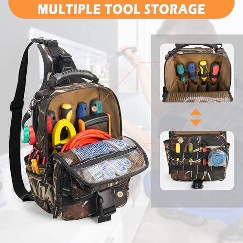 Electrician Tool Pouch Bag, Zippered HVAC Tool Organizer with Ergonomic Handle and Shoulder Strap for Maintenance Repair Technicians, Camouflage (Patent Pending) - color: Camouflage