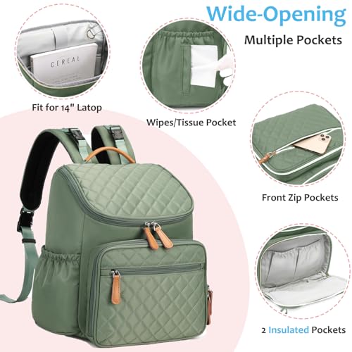 LORADI Lightweight Diaper Bag Backpack, Baby Shower Gifts, Green | Stroller Clips, Insulated Pockets, Water-resistant, Easy to Clean, Durable - color: Green