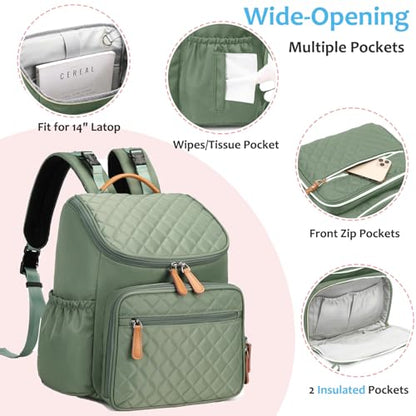 LORADI Lightweight Diaper Bag Backpack, Baby Shower Gifts, Green | Stroller Clips, Insulated Pockets, Water-resistant, Easy to Clean, Durable - color: Green