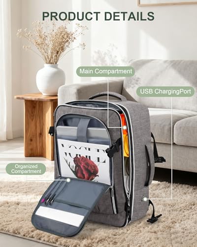 Travel Carry On 17.5" Laptop Expandable Backpack for Men Women, Personal Item Bag Waterproof Airline Approved with USB Charging Hole 3 Packing Cubes, Large Weekender Daypack Business Luggage Suitcase - color: Grey, size: Expandable