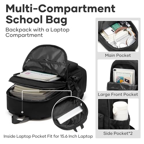 School Backpack for Girls Boys, 15.6 Inch Waterproof Travel Laptop Backpack for Women Men, Lightweight Durable College High School Book bag, Black