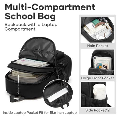 School Backpack for Girls Boys, 15.6 Inch Waterproof Travel Laptop Backpack for Women Men, Lightweight Durable College High School Book bag, Black