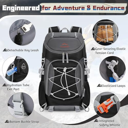 RAINSMORE Foldable Hiking Backpack for Women Men Packable Camping Backpack 40L Waterproof Hiking Daypack Bag Lightweight Collapsible Daypack for Travel Trekking Mountaineering Large Capacity Black - color: Black and Grey