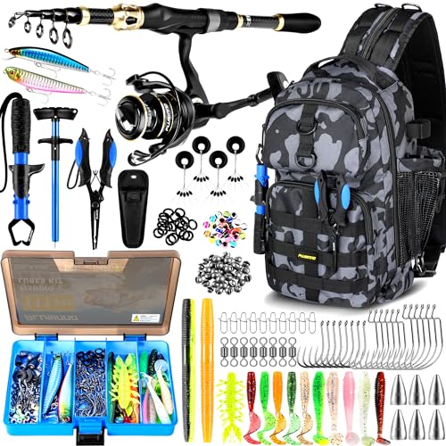PLUSINNO Fishing Backpack with Fishing Rod &Tackle Boxes, Waterproof Sling Tackle Bag for Fish Gear with Rod Holder, Gifts for Men with Lures, Pliers, Fish Lip Gripper. - color: Fishing Backpack With Fishing Rod