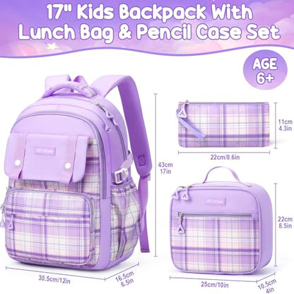Fimibuke Kids Backpack for Girls, 3 PCS Waterproof Teens Girls School Backpack with Lunch Box, Pencil Pouch Set, Cute Bookbag Travel School Bag for Elementary Middle High School Student Age 6+(Purple) - color: A2.purple
