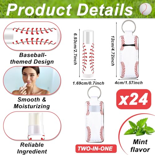 24 Sets Baseball Party Favors Lip Balm and Lipstick Holder Keychain Bulk Sport Ball Team Gifts Natural Moisturizing Lip Balm Keychains Portable Pouch for Team Baseball Sports Party Supplies - style: Baseball