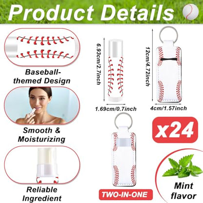 24 Sets Baseball Party Favors Lip Balm and Lipstick Holder Keychain Bulk Sport Ball Team Gifts Natural Moisturizing Lip Balm Keychains Portable Pouch for Team Baseball Sports Party Supplies - style: Baseball