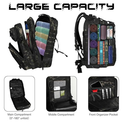 WOLT Military Tactical Backpack for Men 45L Molle Backpack 3 Day Assault Pack Bug Out Bag, Heavy Duty Rucksack for Hiking Gym (Camouflage Black - color: Camouflageblack