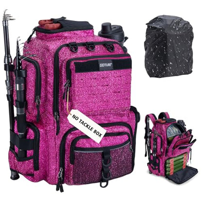 Goture Fishing Backpack,900D Water-Resistant Tackle Backpack with Rod Holders,45L Large Fishing Bag Storage Gear Tackle Bag with Rain Cover,Bottle Holder for Travel Camping Hiking(Without Tackle Box) - color: 45L Bling Pink with Bottle Holder