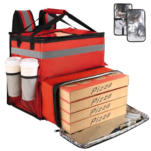 Food Delivery Backpack, Large Insulated Backpack for Doordash/Uber Eeats, Expandable Cooler Bags for Bike/Motorcycle with Reflective Strip/Cup Holders,Reusable Pizza Food Delivery Bag with Hand Straps - color: Red, size: XX-Large（Expandable）