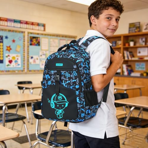 Bluboon Boys School Backpack, Lightweight Kids Bookbag for Elementary and Middle School, Water-Resistant Student Backpack Fits 15.6 Inch Laptop, Chest Strap, Multiple Pockets - color: Blue Graffiti