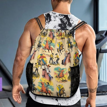 Western Drawstring Backpack Gym Bag With Shoe Compartment String Bag Sport Beach Swimming Sackpack For Women Men - color: Western