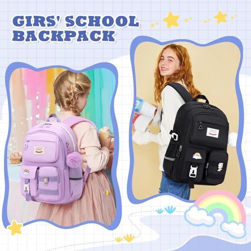MUSEVOS Girls Backpack for Kids Teenage Elementary Middle High School Backpacks, Lightweight Water Resistant Bookbag Multiple Compartments large Capacity, Black - color: Black
