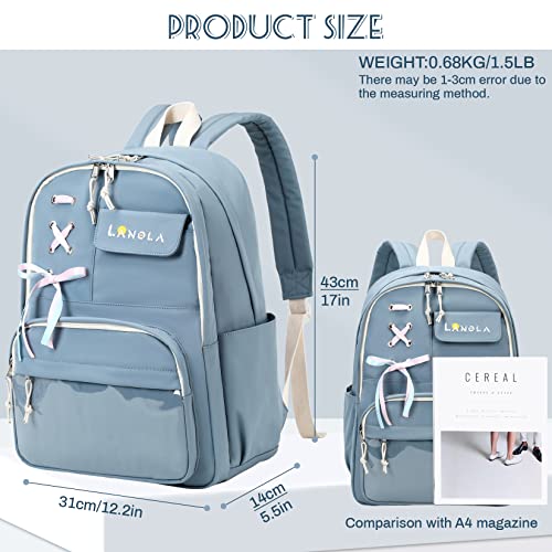 Lanola Teen Girl School Backpack Casual Daypack Bookbag Elementary College Travel Backpack with Cute Ribbon for Girls - color: Blue
