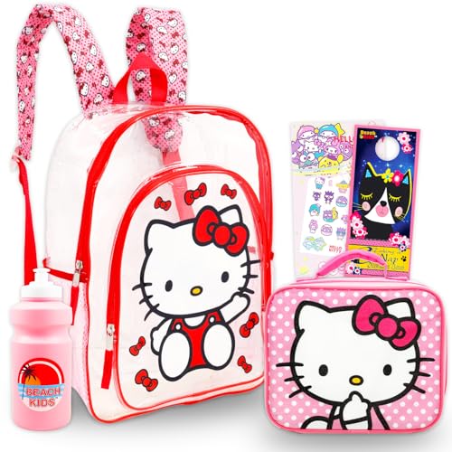 Hello Kitty Backpack with Lunch Box - Bundle with 16" Clear School Bag for Girls, Lunch Bag, Water Bottle, Tattoos, More | Transparent Clear Backpack for Kids School Supplies