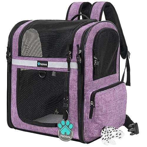 PetAmi Dog Backpack Carrier for Cats and Small Dogs, 4-Way Entry Ventilated Mesh Pet Carrier for Hiking Travel, Foldable Top with Sherpa Bed, Reflective and Poop Bag Dispenser, Up to 18 lbs, Purple - color: Purple