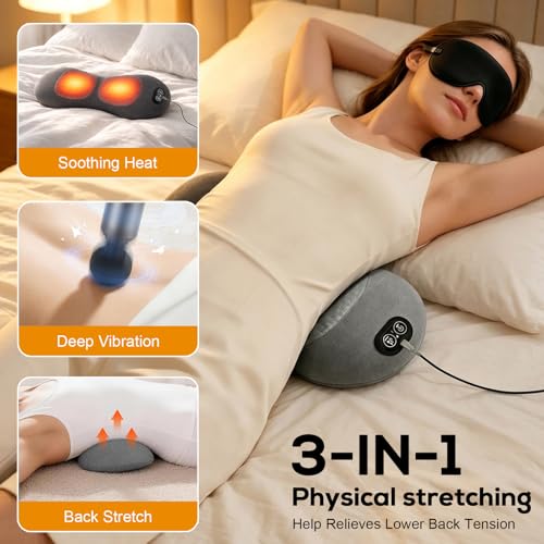 3 in 1 Lower Back Massager, Triple Fusion Back Massager with Heat, Vibration and Stretch, Lumbar Support Pillow with Ergonomic Memory Foam for Bed and Chair (Grey) - color: Grey